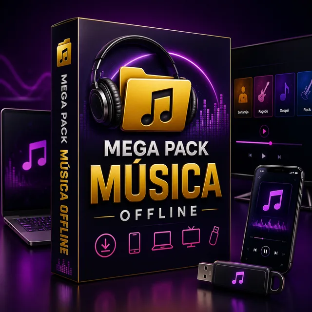 Notebook, celular, TV e pendrive reproduzindo músicas do Mega Pack Música Offline